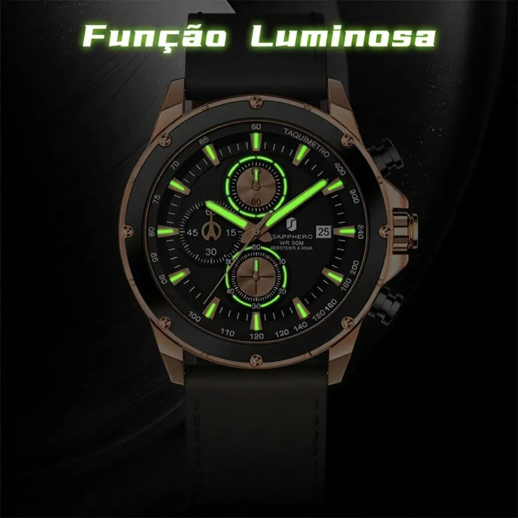 Relogio-Masculino-Sapphero-Atlas-Gold-Black-num-ambiente-escuro-com-os-ponteiros-neon