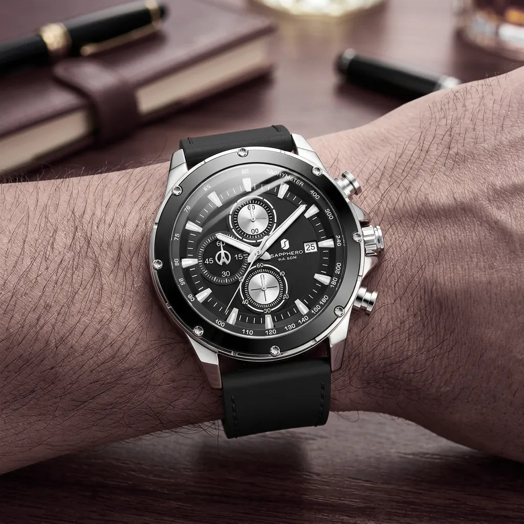 Relogio-Masculino-Sapphero-Atlas-Silver-Black-no-pulso-de-um-homem