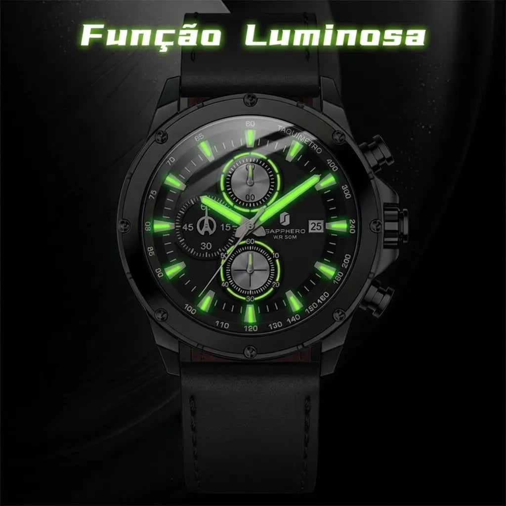 Relogio-Masculino-Sapphero-Atlas-Total-Black-num-ambiente-escuro-com-o-ponteiro-Neon