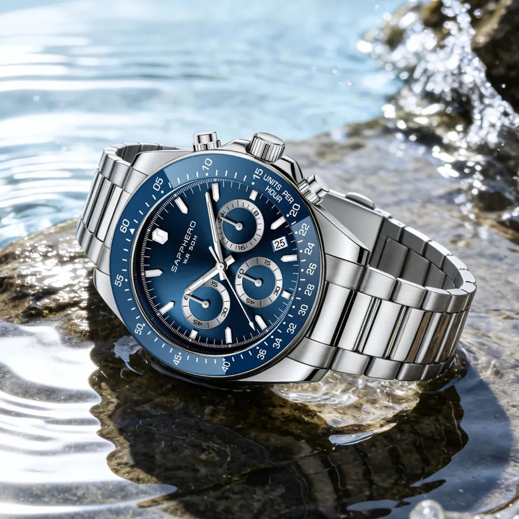 Relógio-Masculino-Sapphero-Imperium-Silver-Blue-numa-paisagem-por-cima-de-uma-agua