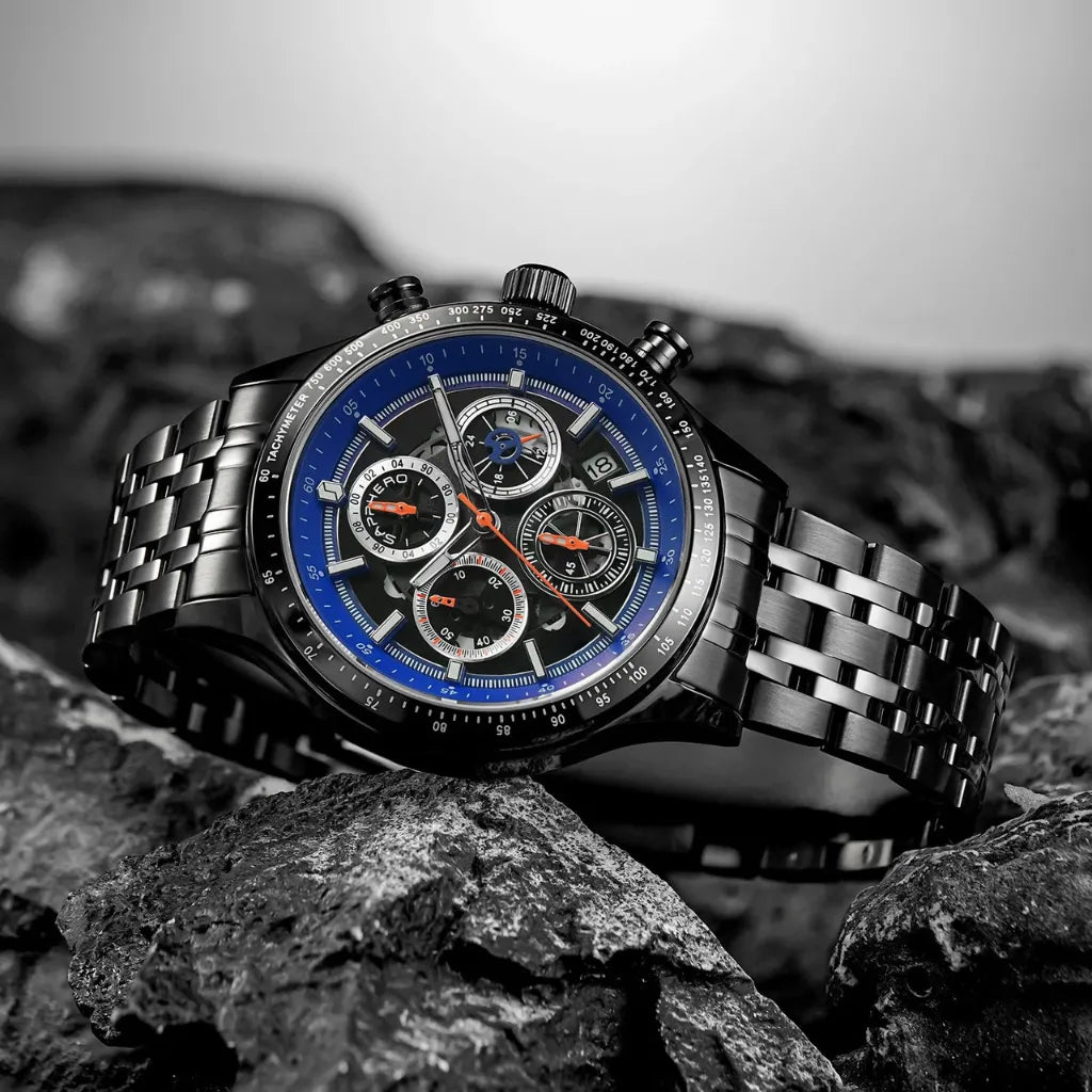 Relógios-Masculino-Sapphero-Magnus-Black-Blue-em-cima-de-rochas