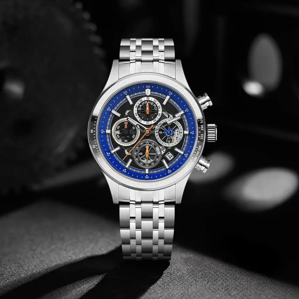Relógios-Masculino-Sapphero-Magnus-Silver-Blue-de-frente-com-um-fundo-de-engranagem