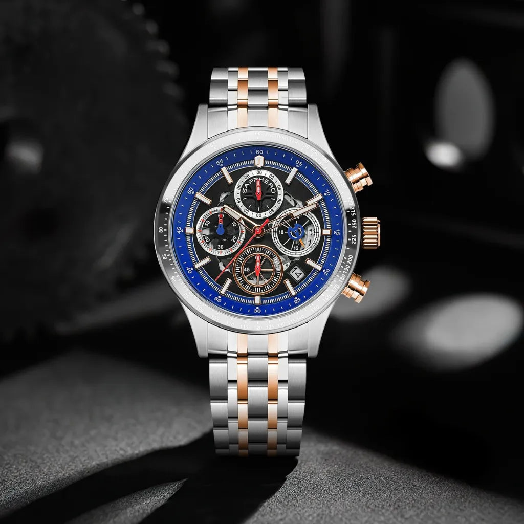Relógios-Masculino-Sapphero-Magnus-Silver-Copper-de-frente-com-o-fundo-de-engrenagem