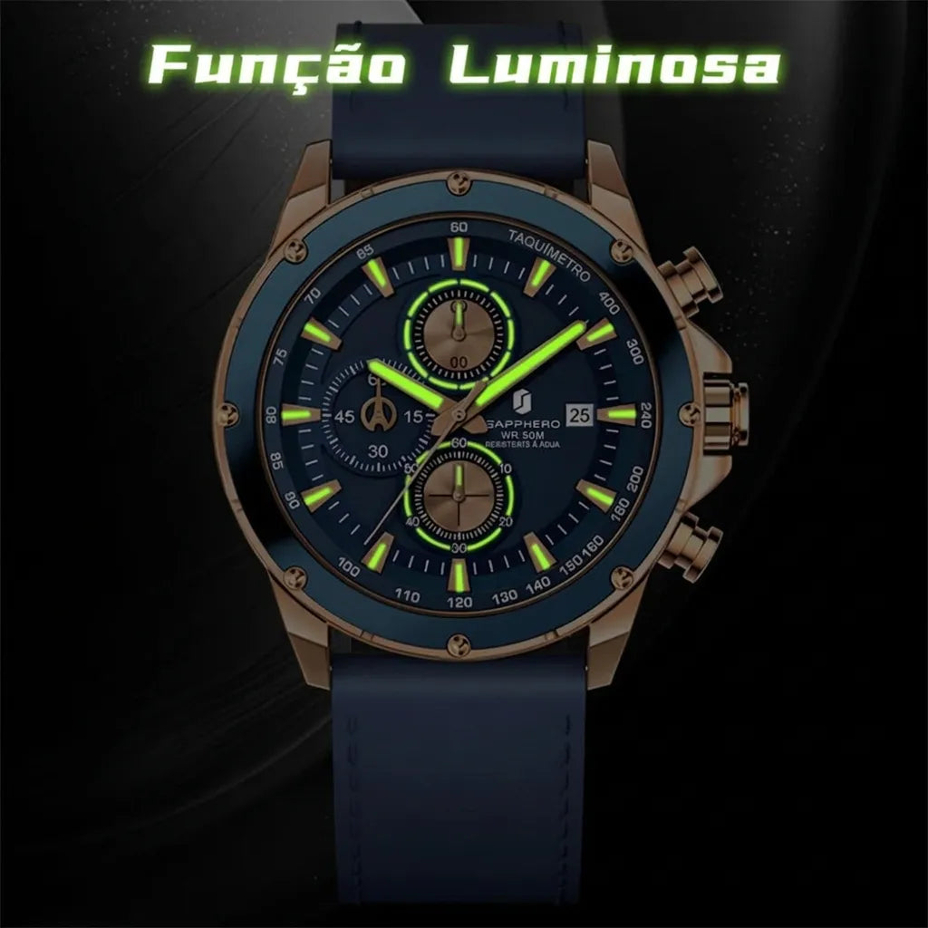 Relógio-Masculino-Sapphero-Atlas-Blue-Gold-No-Escuro-Com-Os-Ponteiros-Neon