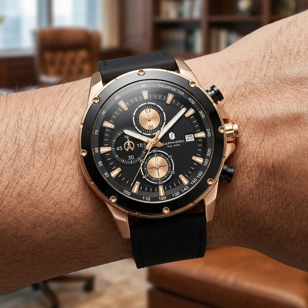 Relogio-Masculino-Sapphero-Atlas-Gold-Black-no-pulso-de-um-homem-modelo