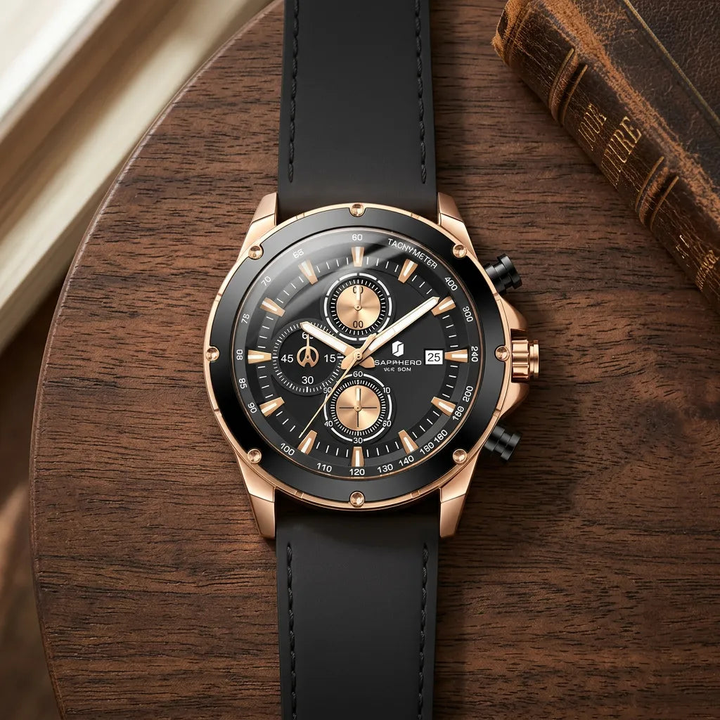 Relogio-Masculino-Sapphero-Atlas-Gold-Black-en-cima-de-uma-mezinha-de-madeira