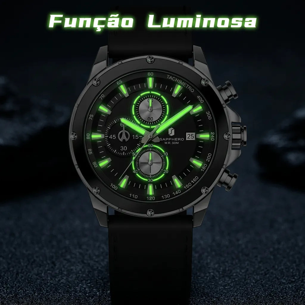 Relogio-Masculino-Sapphero-Atlas-Silver-Black-num-ambiente-escuro-com-as-ponteiras-luminosas