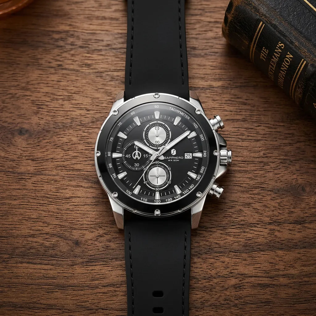 Relogio-Masculino-Sapphero-Atlas-Silver-Black-numa-mesa-de-madeira