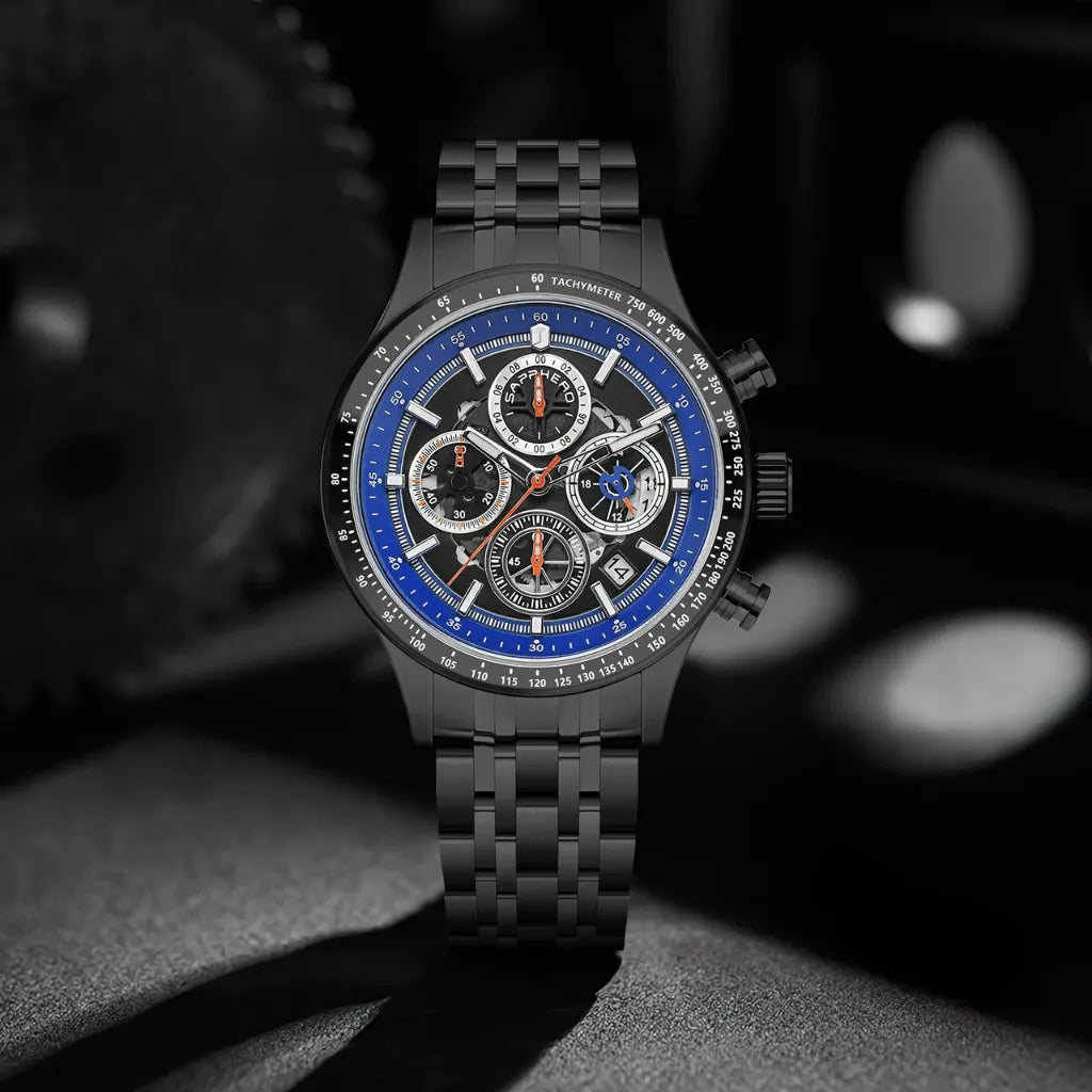 Relógios-Masculino-Sapphero-Magnus-Black-Blue-de-frente-com-fundo-de-engrenagem