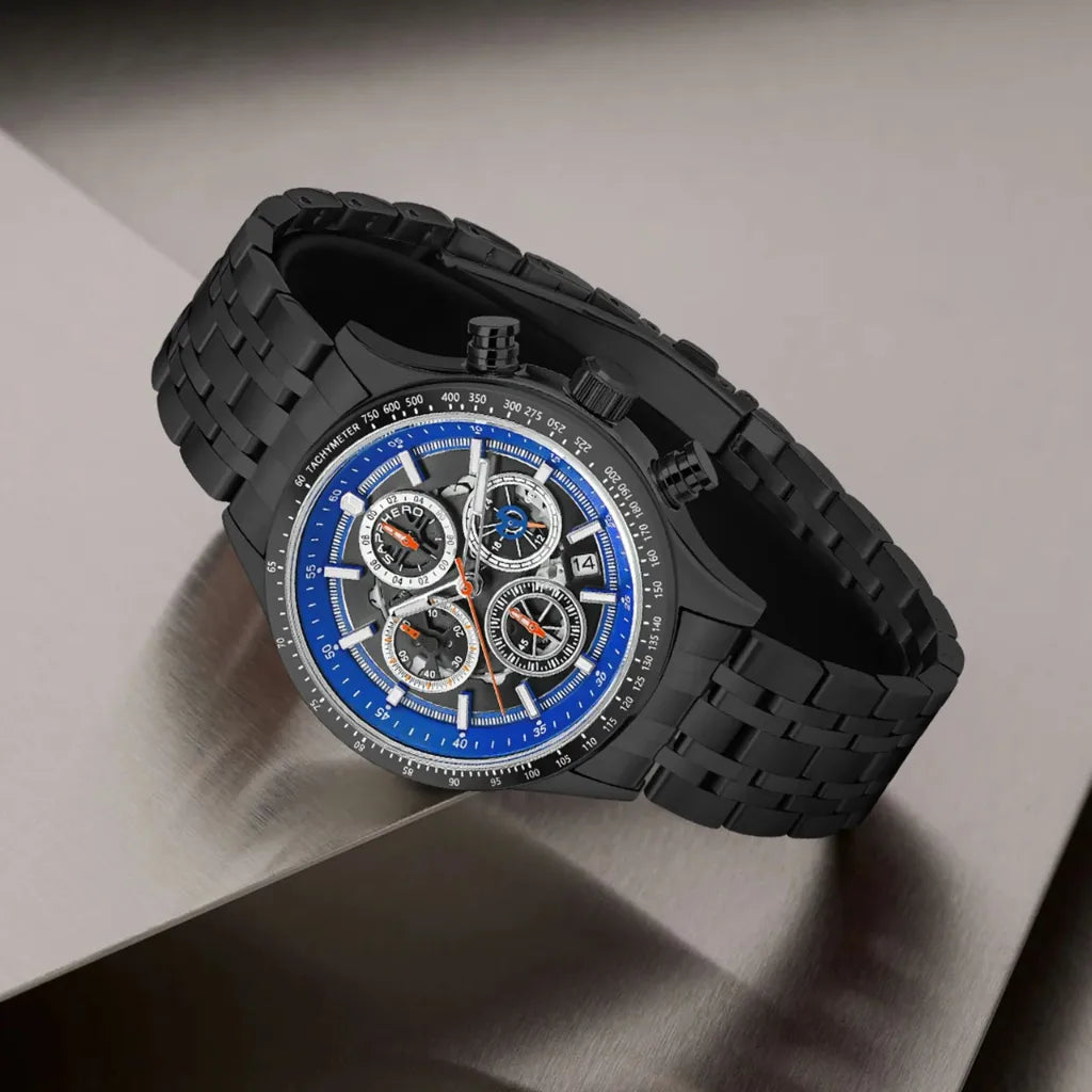 Relógios-Masculino-Sapphero-Magnus-Black-Blue-apoiado-numa-mesa-de-vidro