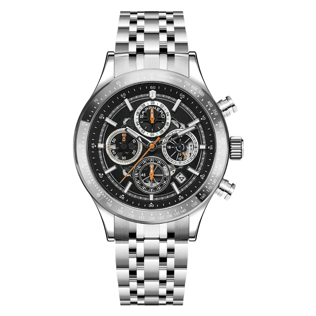 Relógio-Masculino-Sapphero-Magnus-Silver-Black-de-frente-com-fundo-branco