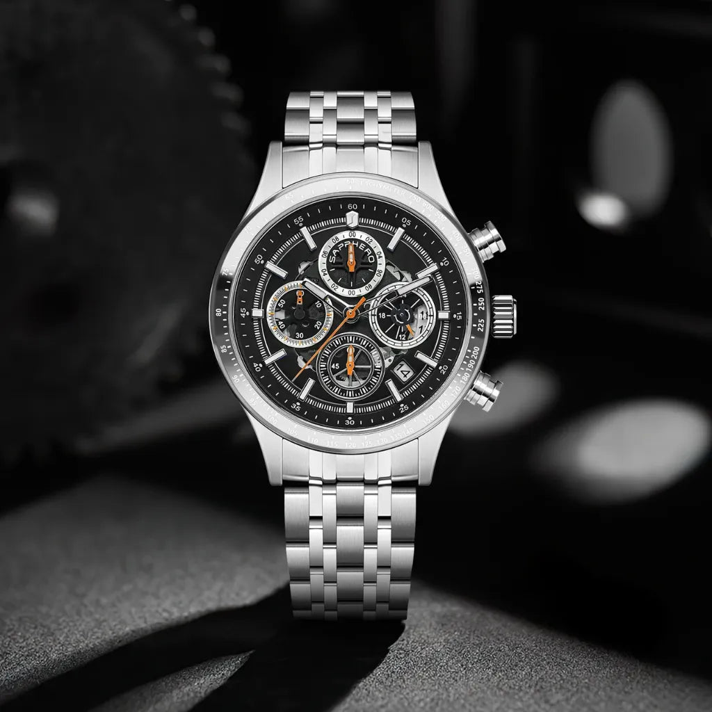 Relógio-Masculino-Sapphero-Magnus-Silver-Black-de-frente-com-fundo-de-igrenagem 