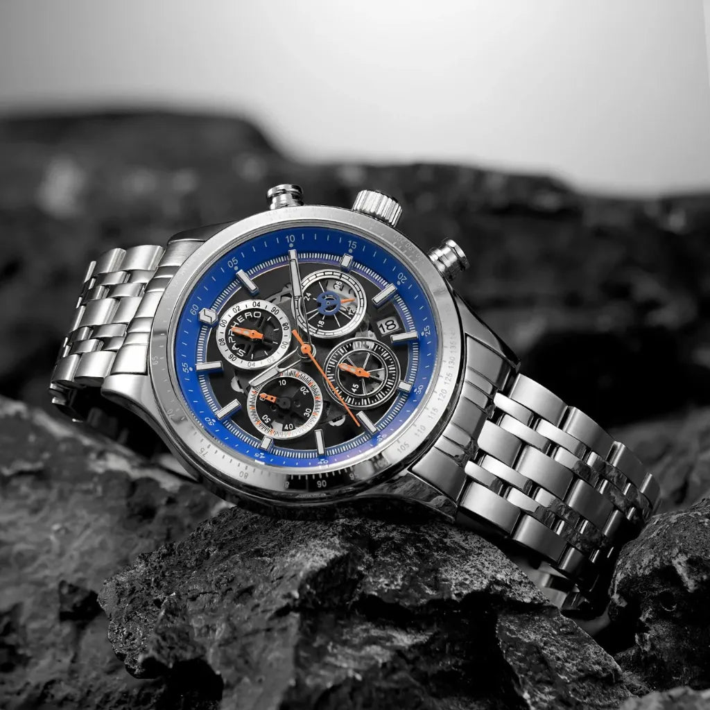 Relógios-Masculino-Sapphero-Magnus-Silver-Blue-em-cima-de-pedra